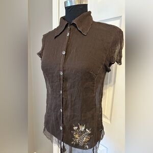 NWT JOHNNY WAS For LOVE and LIBERTY Sheer Silk Crinkle gold foil graphic shirt S